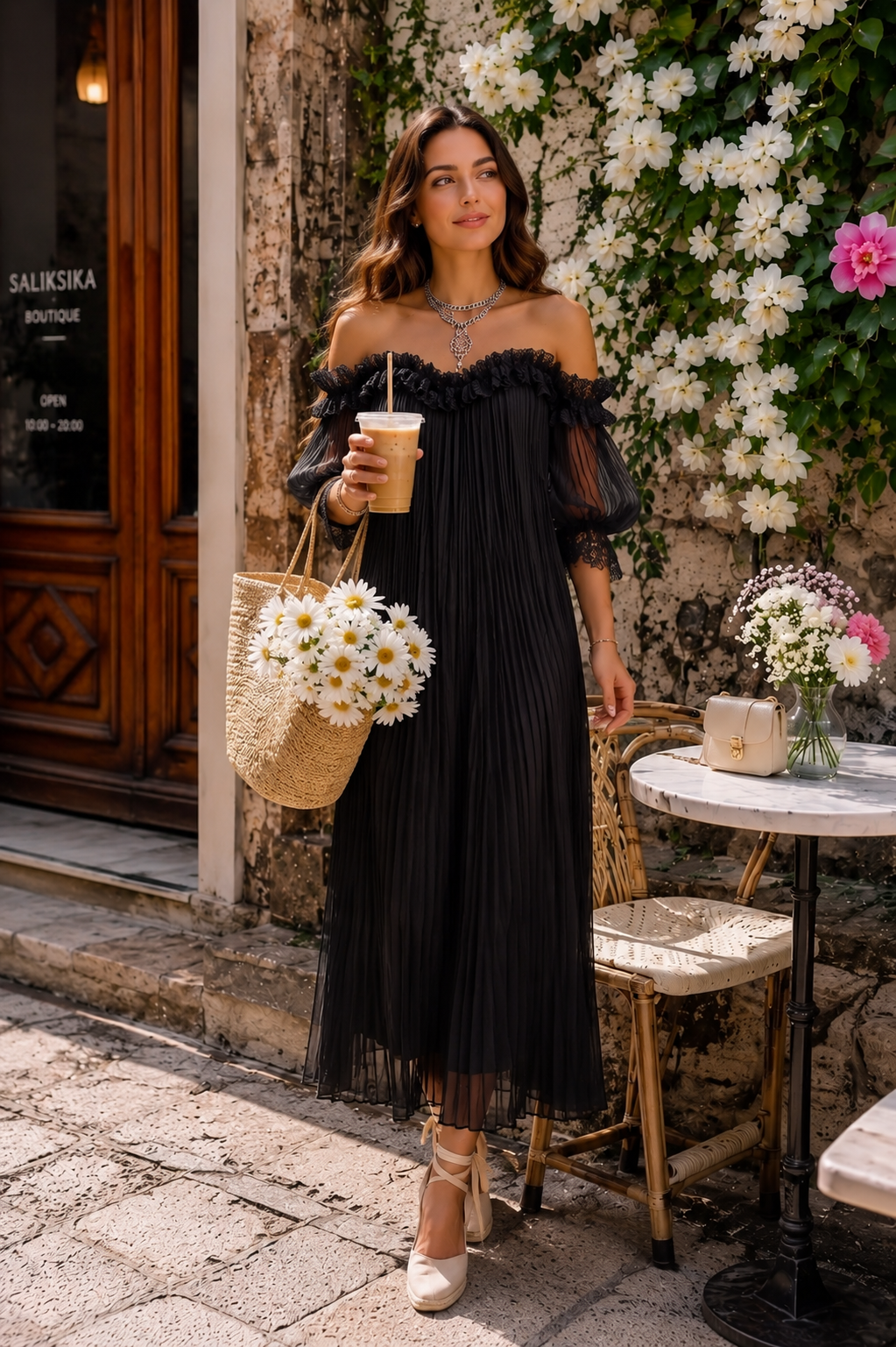 Victoria | Vestido de gasa negra con escote Bardot